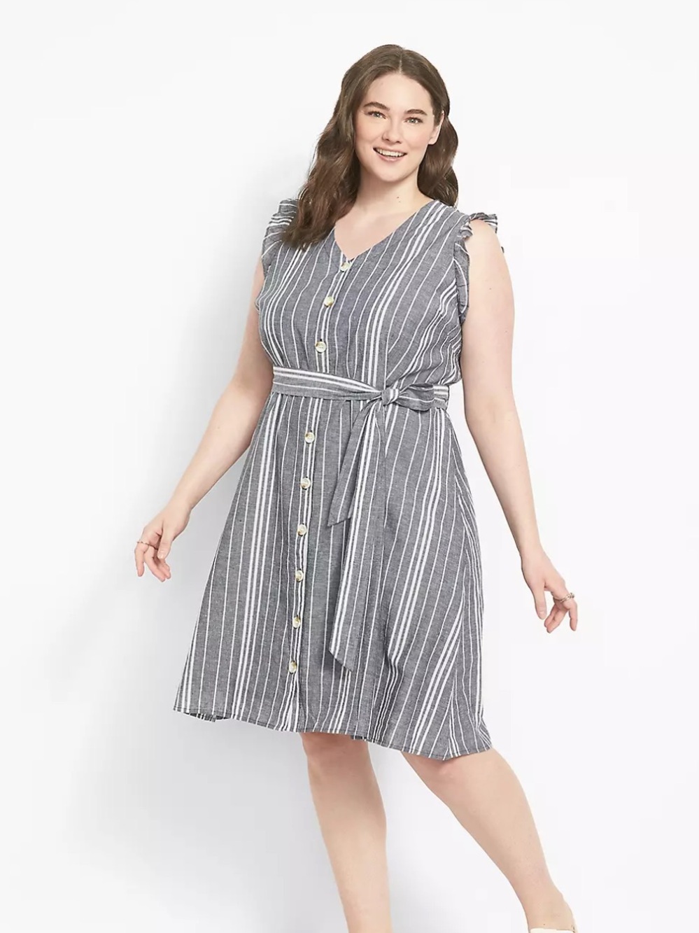 Lane Bryant Chambray Blue & White Stripe Button-Front Belted Midi Dress